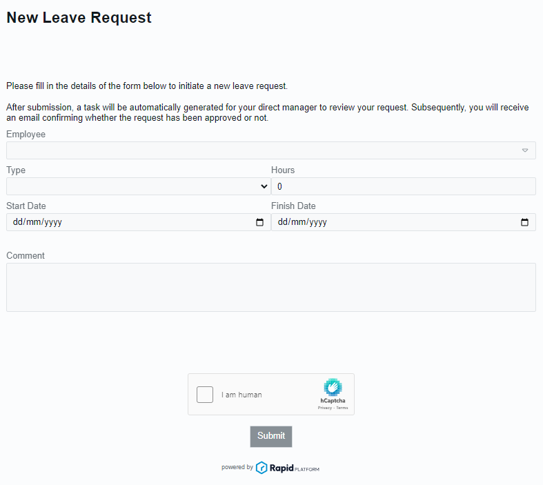 A screenshot of the &quot;New Leave Request&quot; public form. The form has the following fields: Employee, Type, Hours, Start Date, Finish Date, Comment.